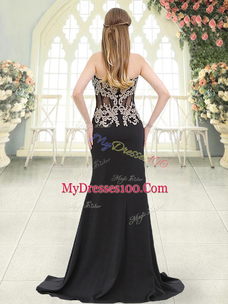 Black Elastic Woven Satin Zipper Sweetheart Sleeveless Evening Dress Sweep Train Beading and Appliques