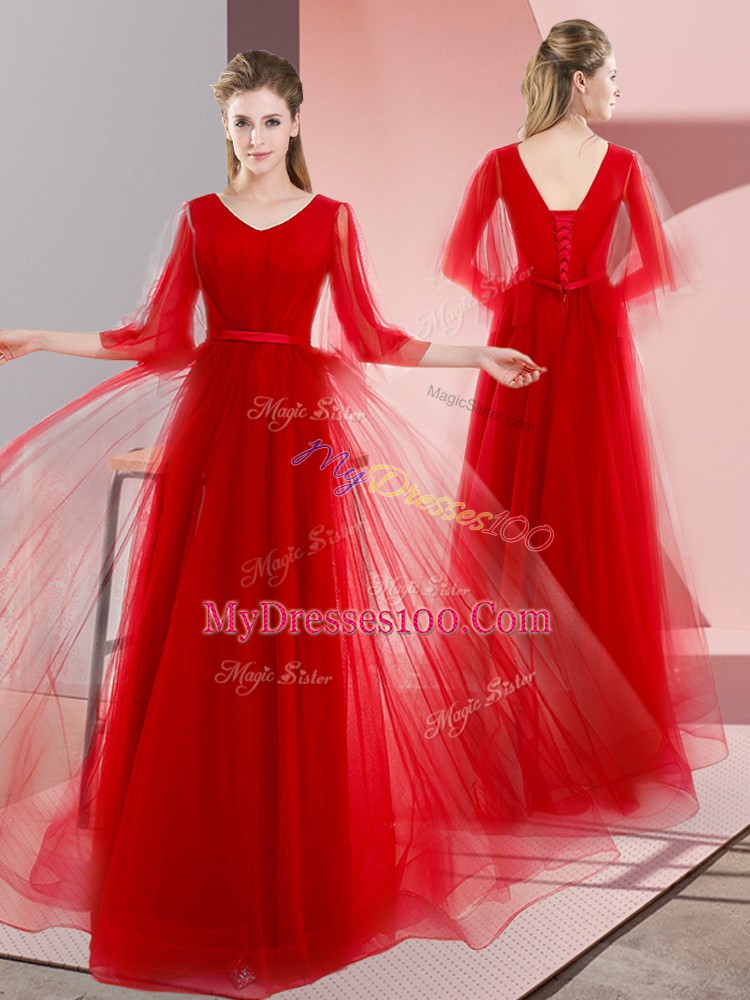 Luxurious Red A-line Beading Prom Dress Lace Up Tulle Long Sleeves Floor Length