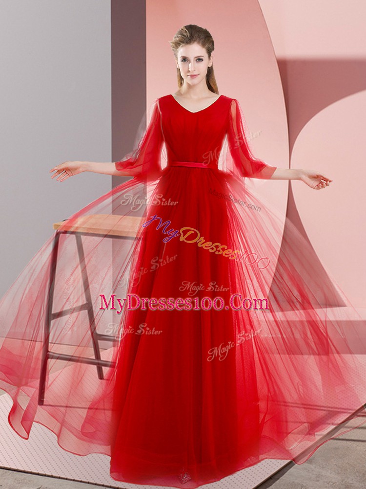 Luxurious Red A-line Beading Prom Dress Lace Up Tulle Long Sleeves Floor Length