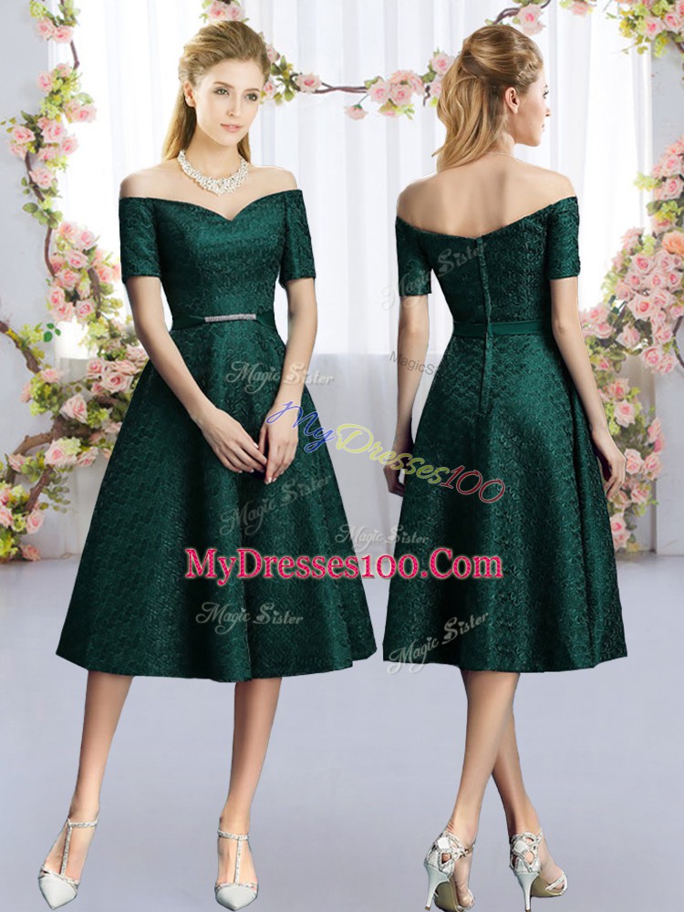 Clearance Tea Length Dark Green Bridesmaid Gown Lace Short Sleeves Belt