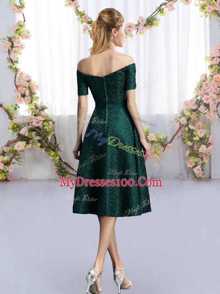 Clearance Tea Length Dark Green Bridesmaid Gown Lace Short Sleeves Belt