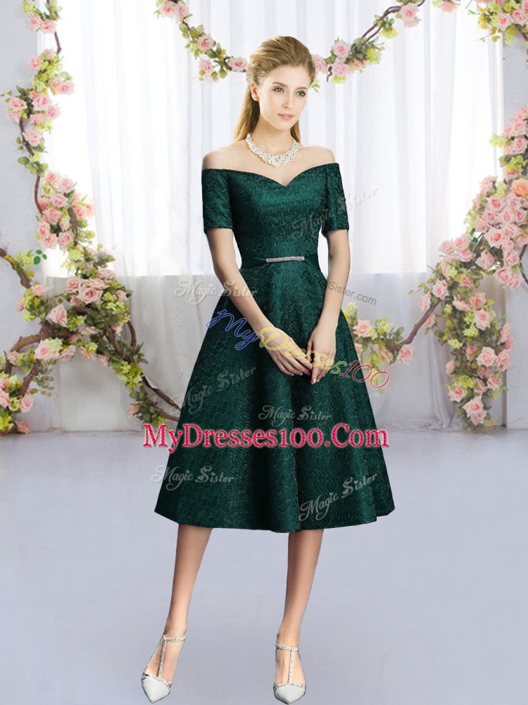 Clearance Tea Length Dark Green Bridesmaid Gown Lace Short Sleeves Belt