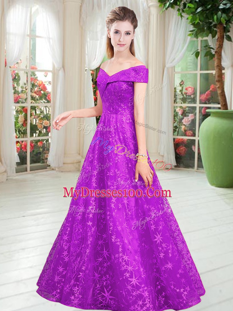 Glorious Purple Off The Shoulder Neckline Beading Sleeveless Lace Up