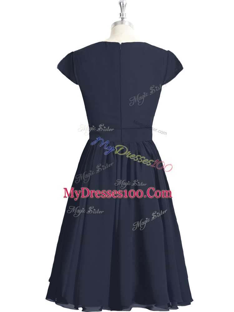 Glittering Knee Length Zipper Prom Party Dress Black for Prom and Party and Military Ball with Ruching