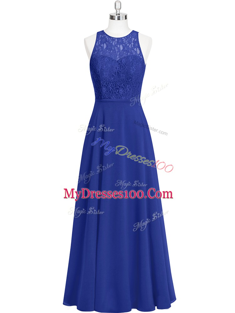 Free and Easy Sleeveless Floor Length Lace Zipper Evening Party Dresses with Royal Blue