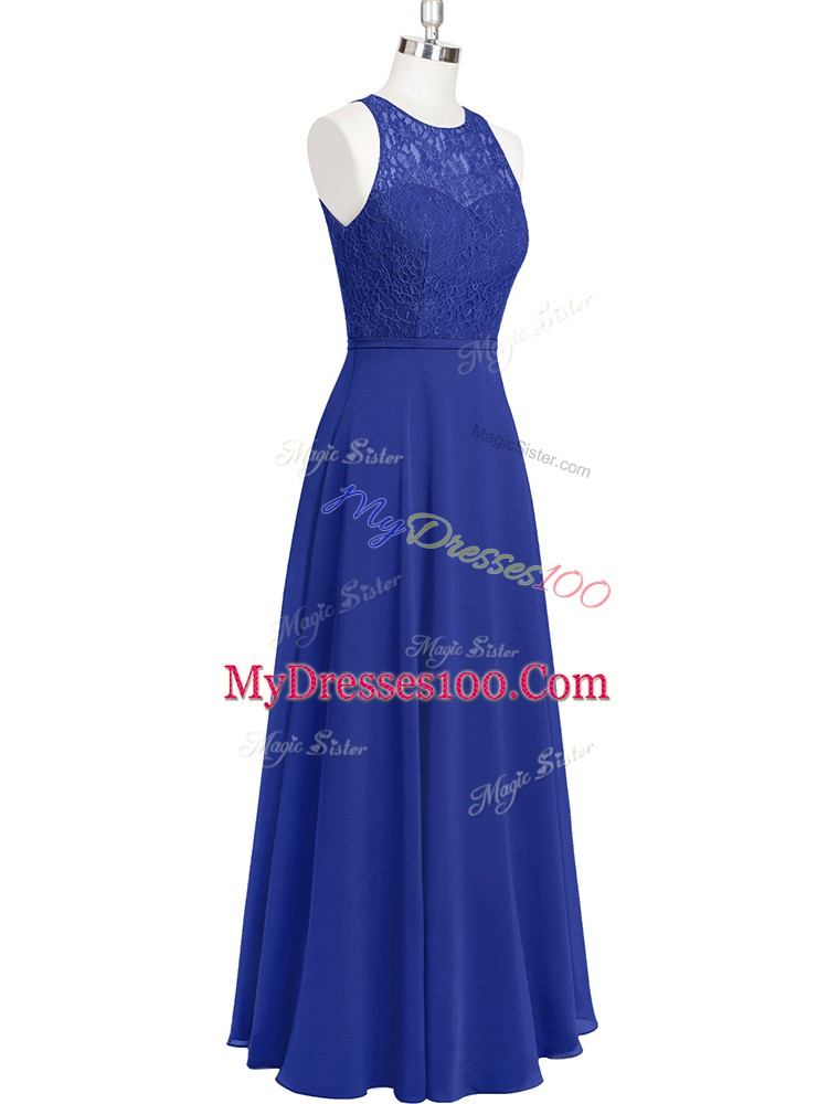Free and Easy Sleeveless Floor Length Lace Zipper Evening Party Dresses with Royal Blue