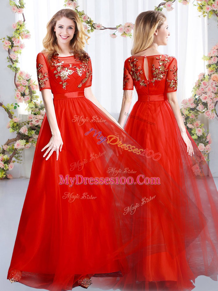 Dramatic Red Empire Scoop Short Sleeves Tulle Floor Length Zipper Appliques Bridesmaid Dress