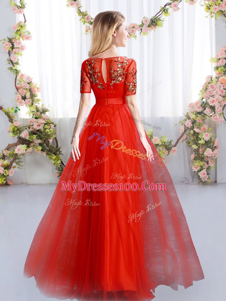 Dramatic Red Empire Scoop Short Sleeves Tulle Floor Length Zipper Appliques Bridesmaid Dress