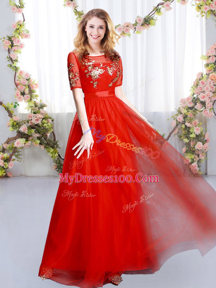 Dramatic Red Empire Scoop Short Sleeves Tulle Floor Length Zipper Appliques Bridesmaid Dress