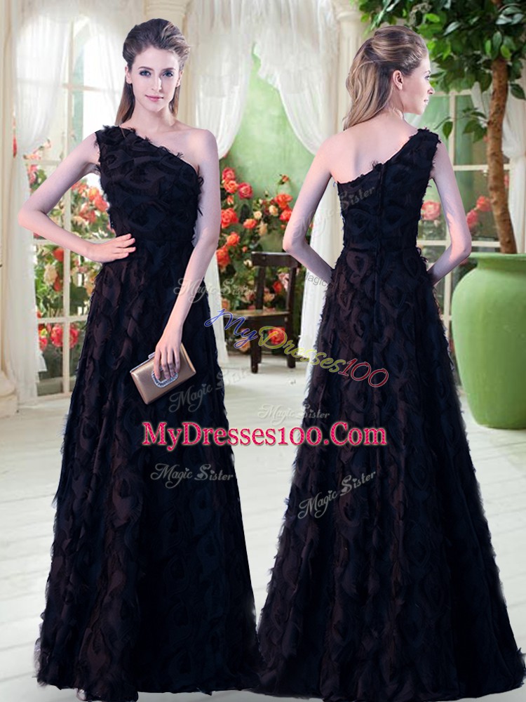 Floor Length Black Formal Evening Gowns One Shoulder Sleeveless Zipper