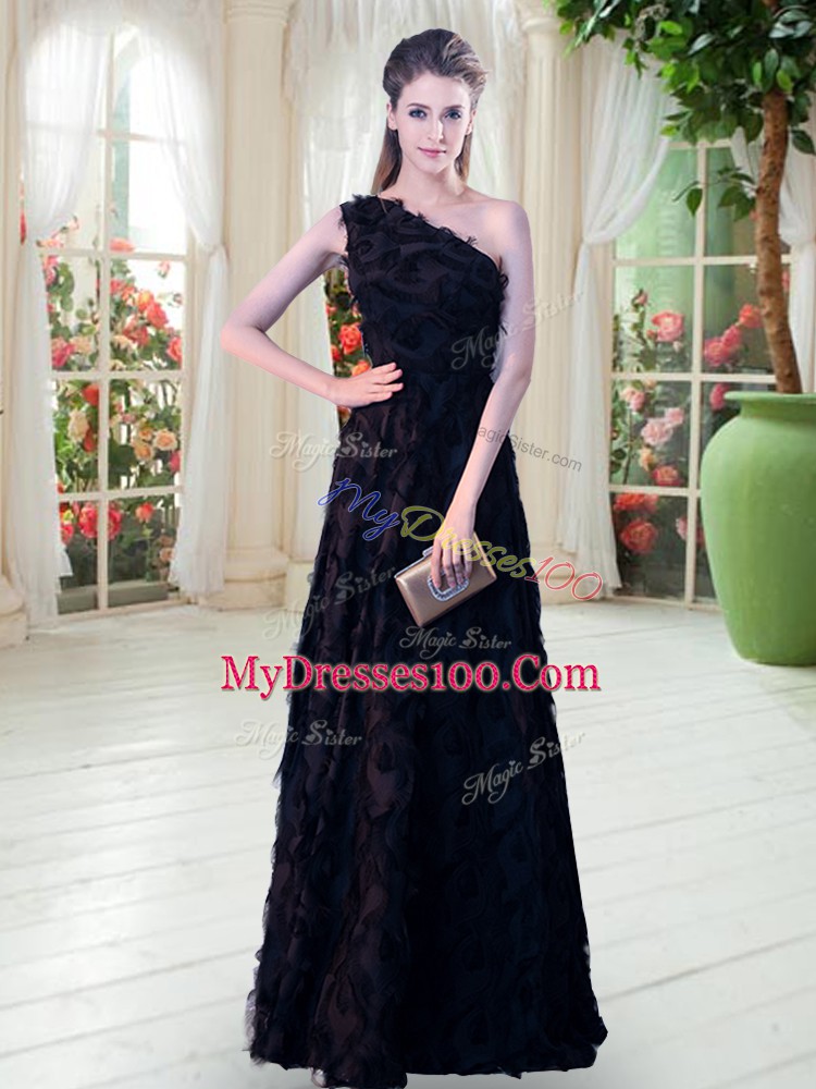 Floor Length Black Formal Evening Gowns One Shoulder Sleeveless Zipper