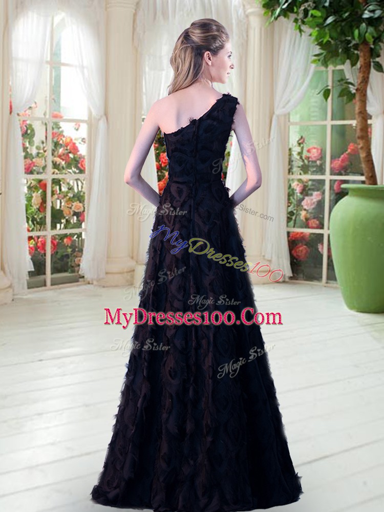 Floor Length Black Formal Evening Gowns One Shoulder Sleeveless Zipper