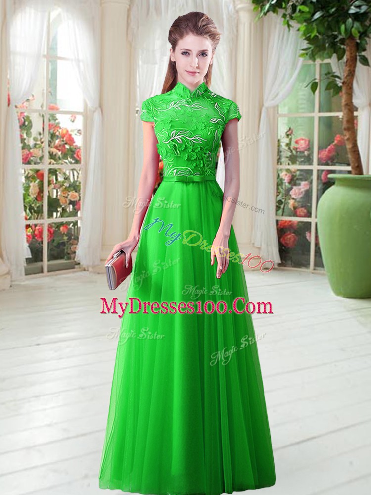 Free and Easy High-neck Cap Sleeves Tulle Prom Dresses Appliques Lace Up