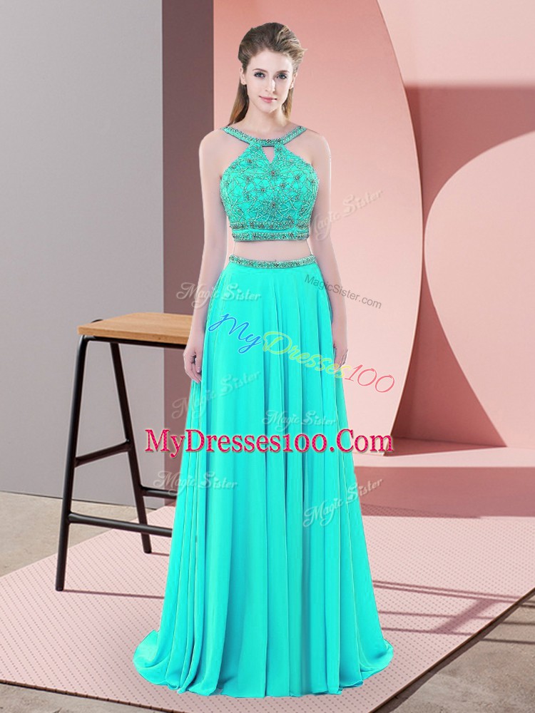 Elastic Woven Satin Straps Sleeveless Sweep Train Backless Beading Homecoming Dress in Aqua Blue