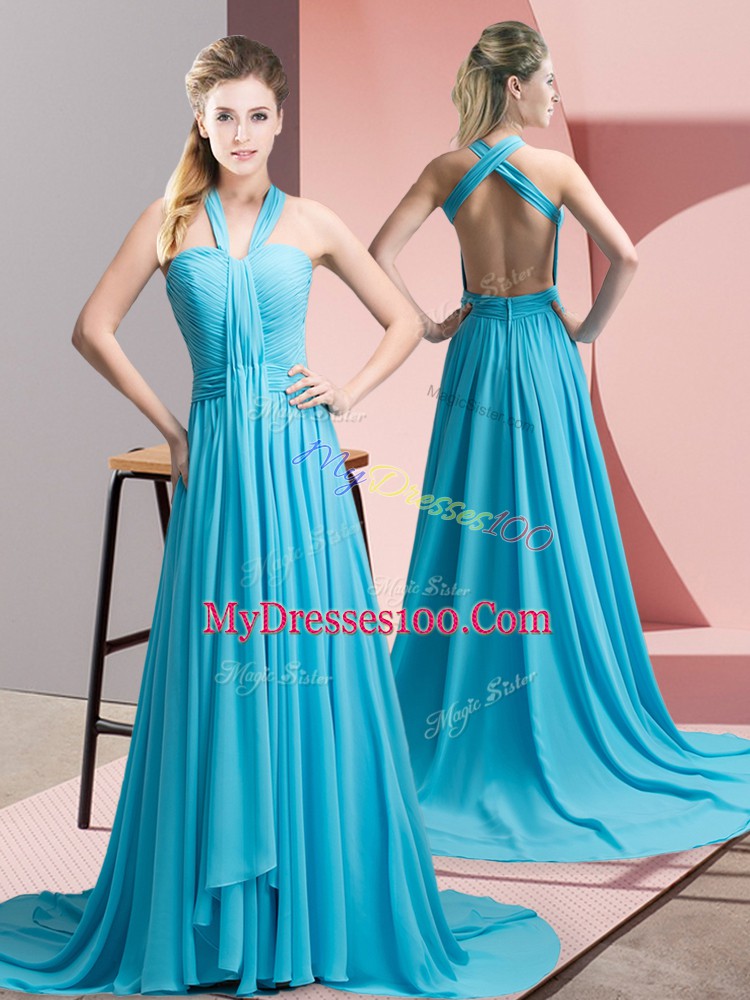 On Sale Aqua Blue Evening Outfits Chiffon Sweep Train Sleeveless Beading and Ruching