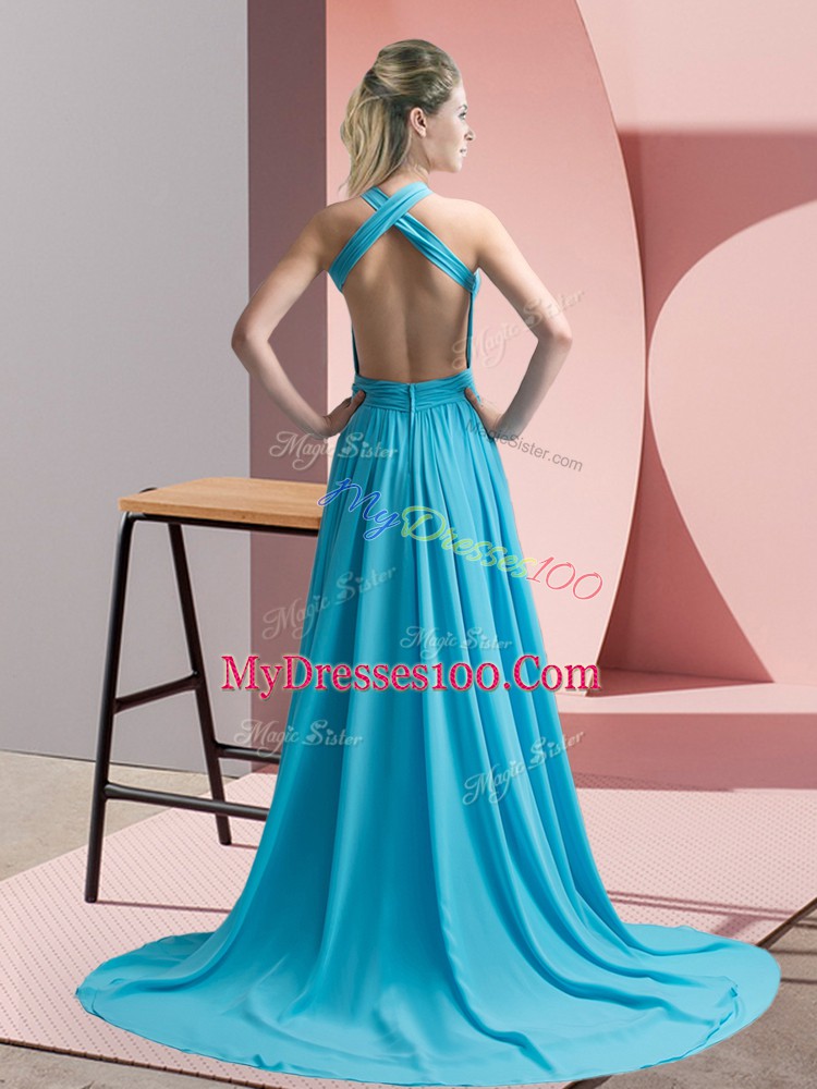 On Sale Aqua Blue Evening Outfits Chiffon Sweep Train Sleeveless Beading and Ruching
