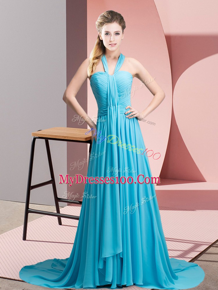 On Sale Aqua Blue Evening Outfits Chiffon Sweep Train Sleeveless Beading and Ruching