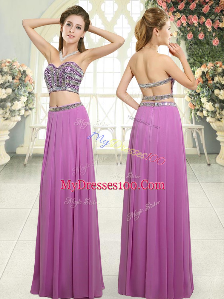 Floor Length Two Pieces Sleeveless Lilac Prom Evening Gown Backless