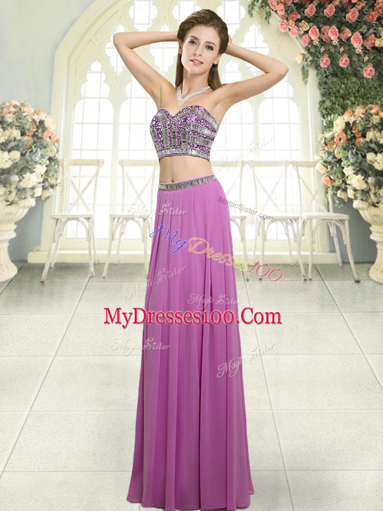 Floor Length Two Pieces Sleeveless Lilac Prom Evening Gown Backless