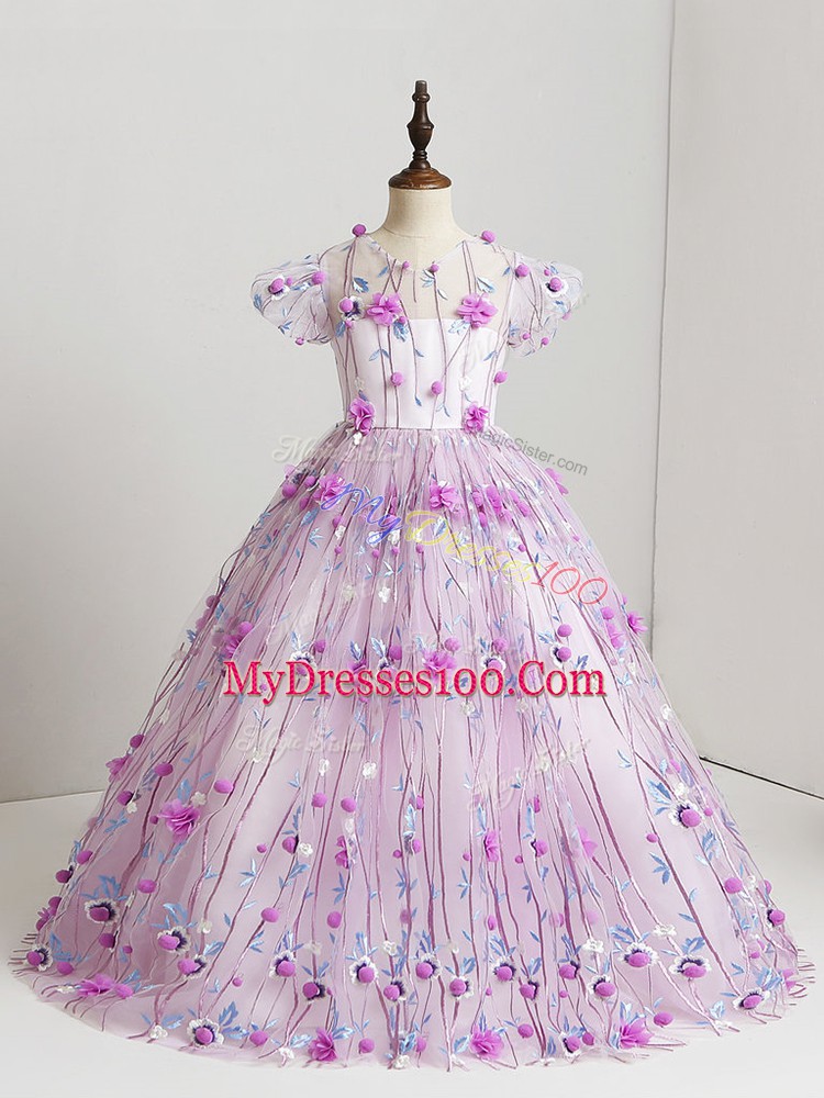 Enchanting Tulle V-neck Short Sleeves Zipper Hand Made Flower Winning Pageant Gowns in Lilac