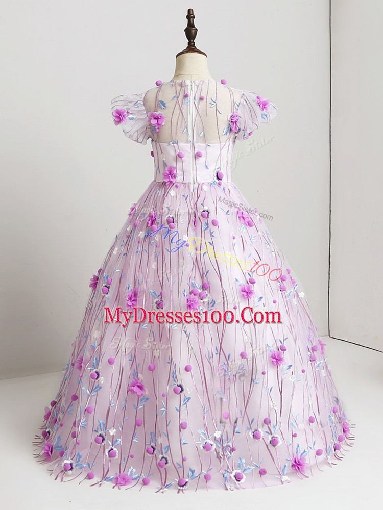 Enchanting Tulle V-neck Short Sleeves Zipper Hand Made Flower Winning Pageant Gowns in Lilac