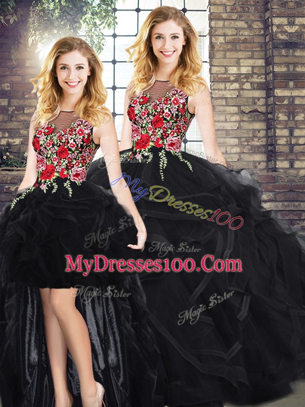 Sleeveless Floor Length Embroidery and Ruffles Zipper Quinceanera Gowns with Black
