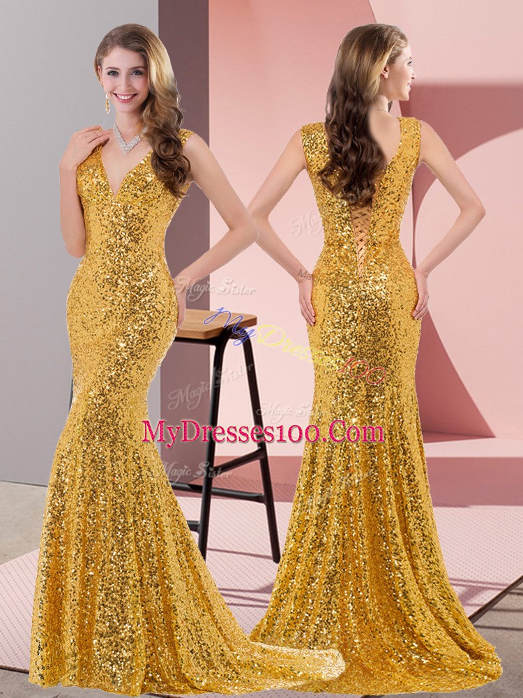 Sleeveless Sequined Sweep Train Lace Up Prom Evening Gown in Gold with Beading