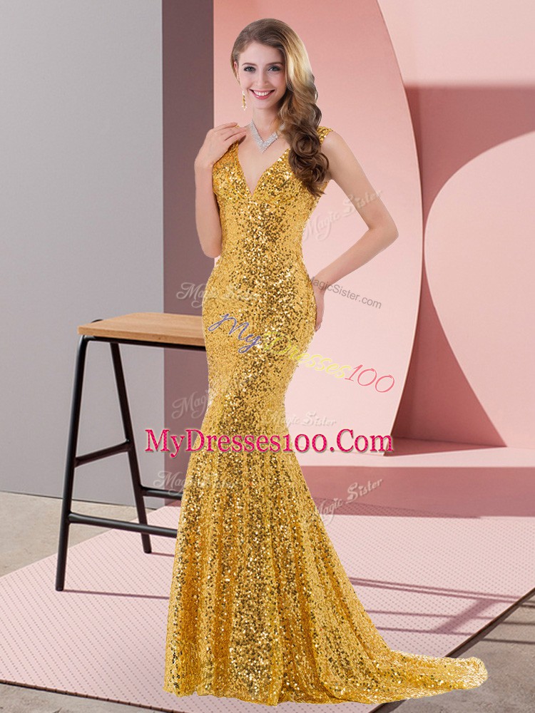 Sleeveless Sequined Sweep Train Lace Up Prom Evening Gown in Gold with Beading