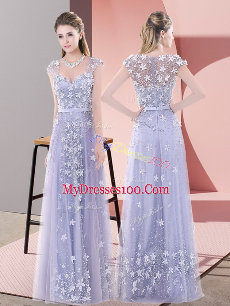Lavender Empire Tulle Sweetheart Cap Sleeves Beading and Appliques Floor Length Zipper Prom Dresses
