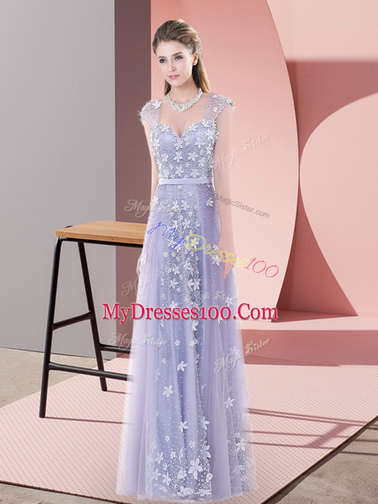 Lavender Empire Tulle Sweetheart Cap Sleeves Beading and Appliques Floor Length Zipper Prom Dresses