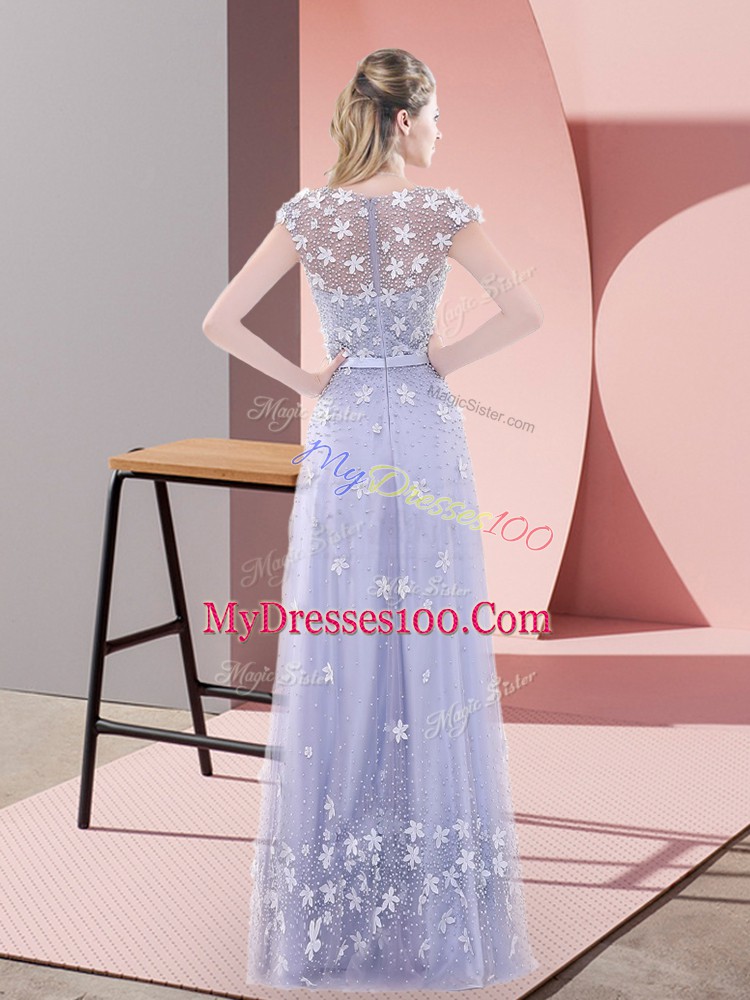 Lavender Empire Tulle Sweetheart Cap Sleeves Beading and Appliques Floor Length Zipper Prom Dresses