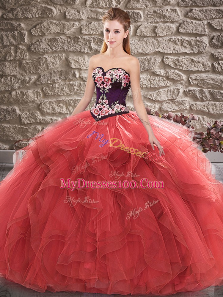 Red Lace Up 15th Birthday Dress Beading and Embroidery Sleeveless Floor Length