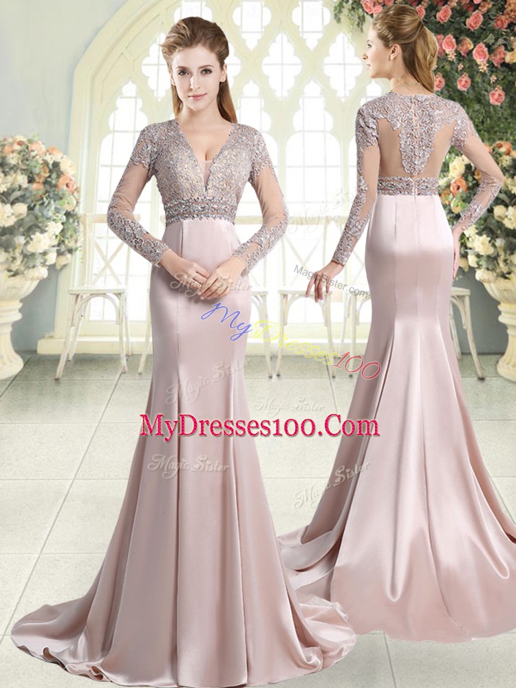 Wonderful V-neck Long Sleeves Sweep Train Zipper Prom Gown Pink Satin