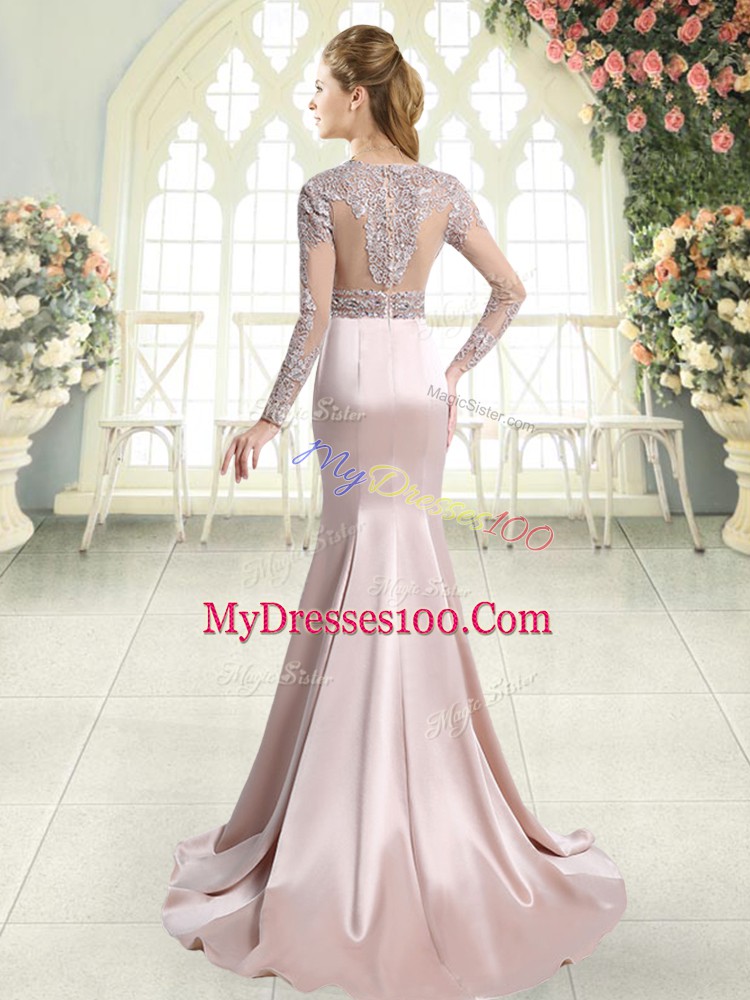 Wonderful V-neck Long Sleeves Sweep Train Zipper Prom Gown Pink Satin