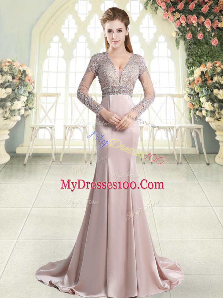 Wonderful V-neck Long Sleeves Sweep Train Zipper Prom Gown Pink Satin