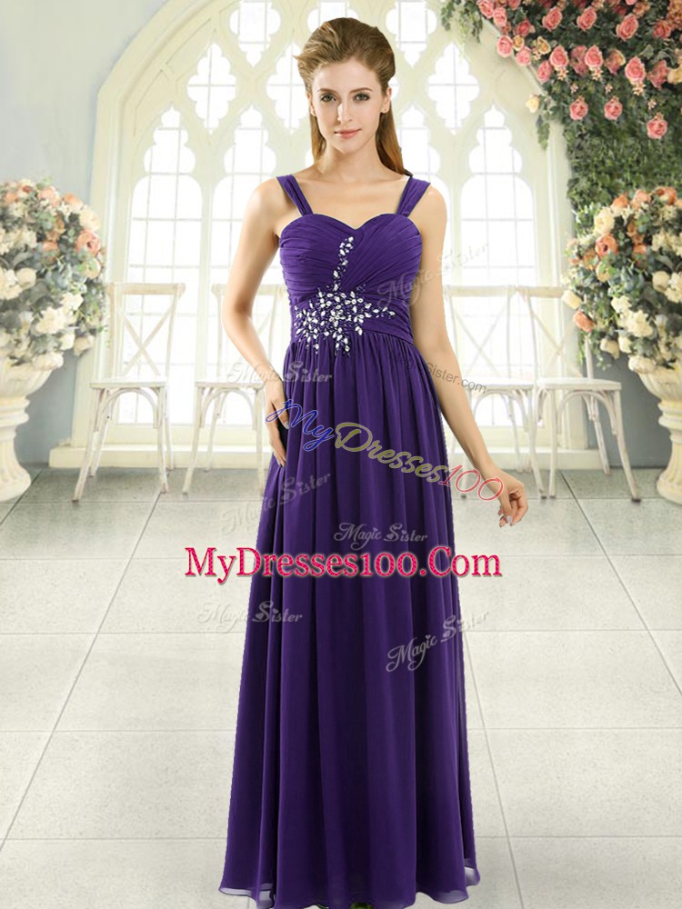 Floor Length Purple Prom Party Dress Chiffon Sleeveless Beading and Ruching