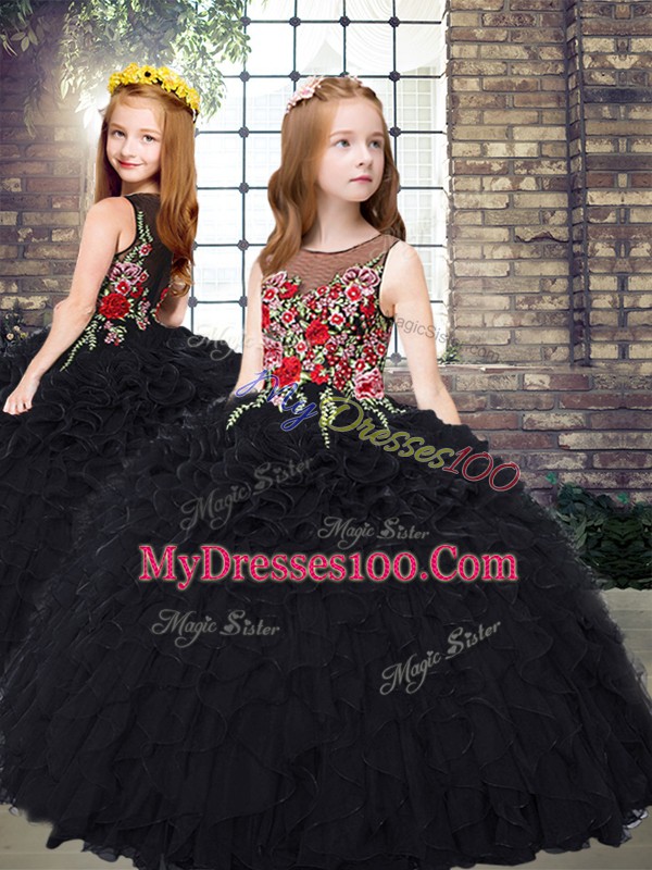 Admirable Black Scoop Neckline Embroidery and Ruffles Custom Made Pageant Dress Sleeveless Zipper