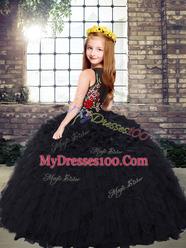 Admirable Black Scoop Neckline Embroidery and Ruffles Custom Made Pageant Dress Sleeveless Zipper