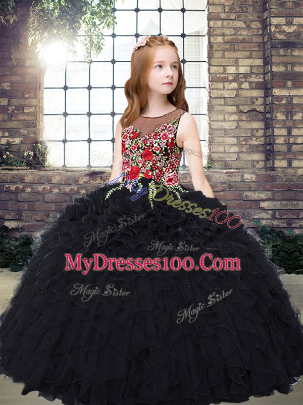 Admirable Black Scoop Neckline Embroidery and Ruffles Custom Made Pageant Dress Sleeveless Zipper