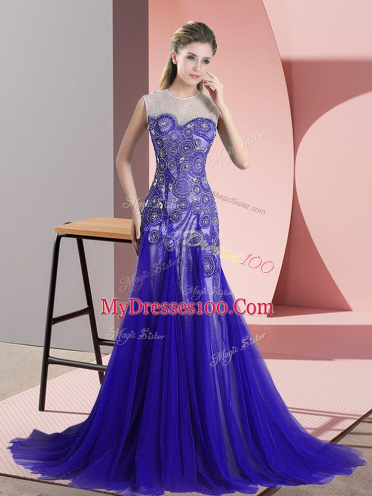 Flirting Sweep Train A-line Evening Dress Blue Scoop Tulle Sleeveless Backless