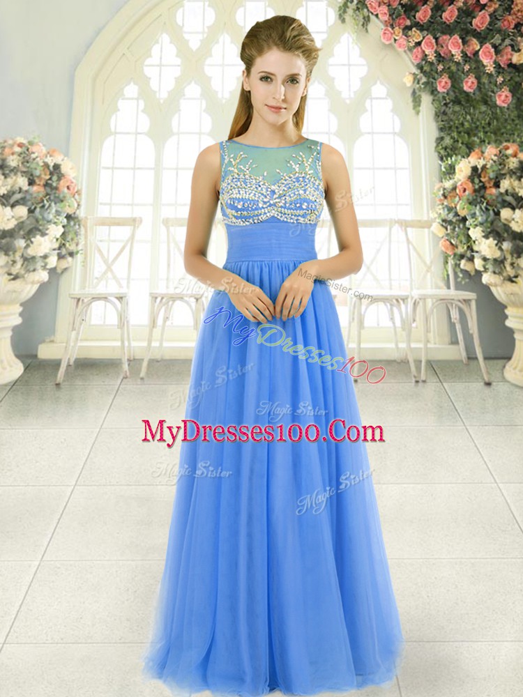 Chic Sleeveless Floor Length Beading Side Zipper with Blue