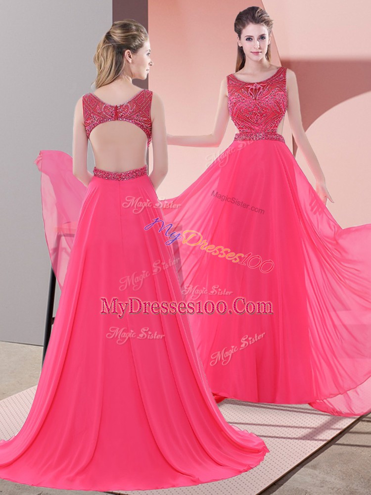 Modern Chiffon Scoop Sleeveless Sweep Train Backless Beading Homecoming Dress in Coral Red