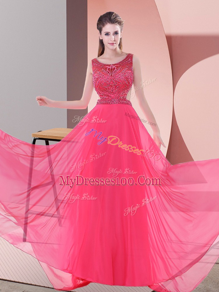 Modern Chiffon Scoop Sleeveless Sweep Train Backless Beading Homecoming Dress in Coral Red