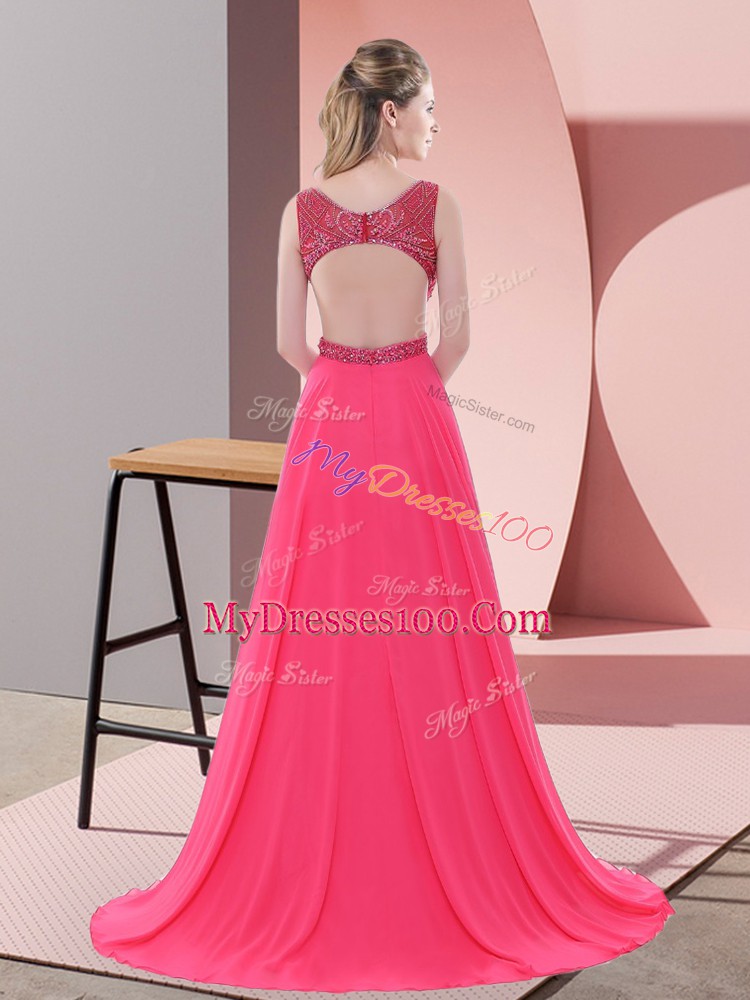 Modern Chiffon Scoop Sleeveless Sweep Train Backless Beading Homecoming Dress in Coral Red