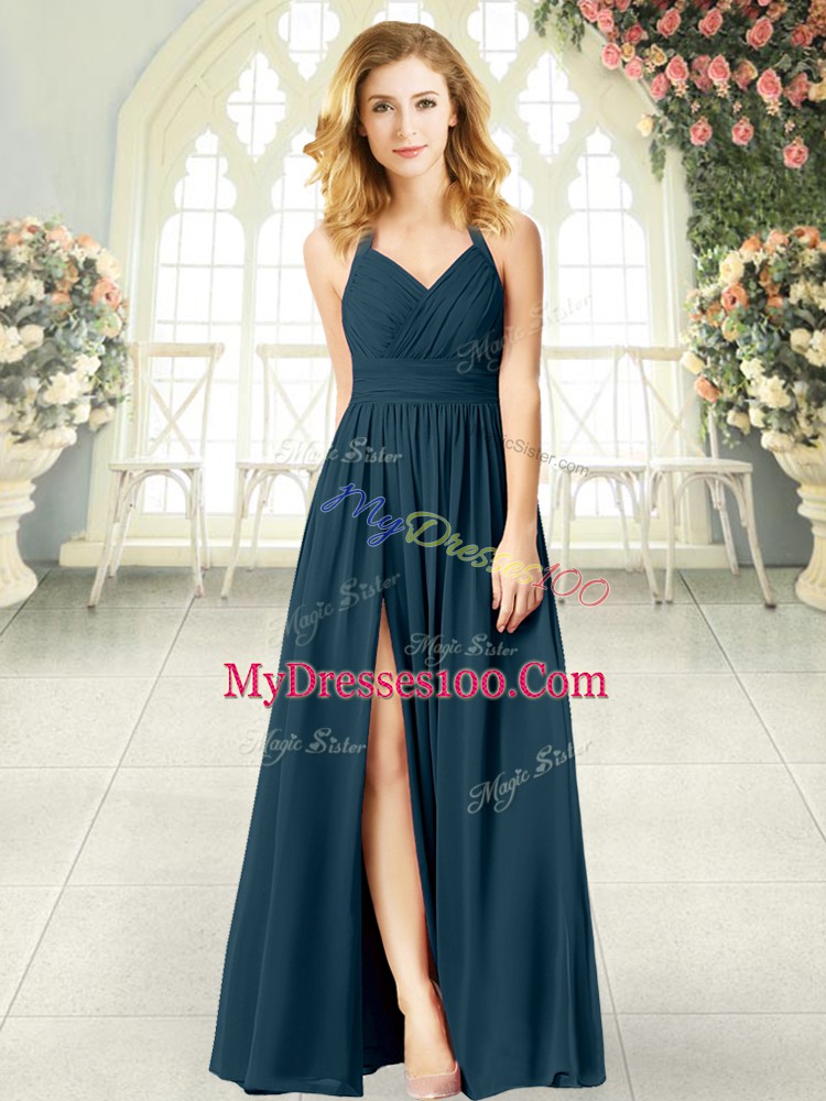 Halter Top Sleeveless Homecoming Dress Floor Length Ruching Teal Chiffon