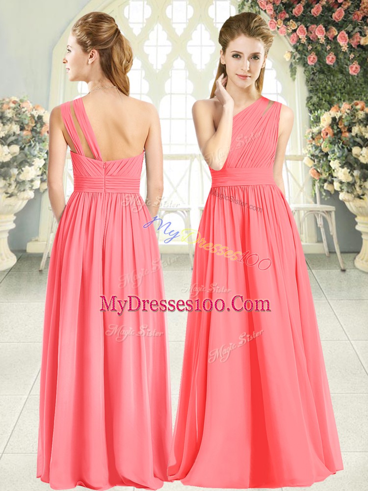 Glittering Floor Length Zipper Prom Gown Watermelon Red for Prom and Party with Ruching