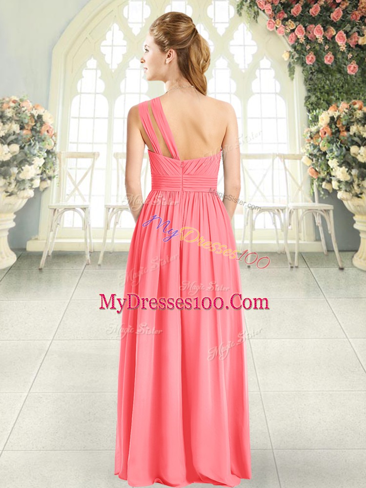 Glittering Floor Length Zipper Prom Gown Watermelon Red for Prom and Party with Ruching
