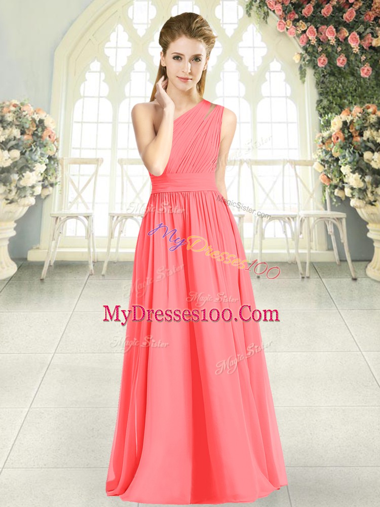 Glittering Floor Length Zipper Prom Gown Watermelon Red for Prom and Party with Ruching