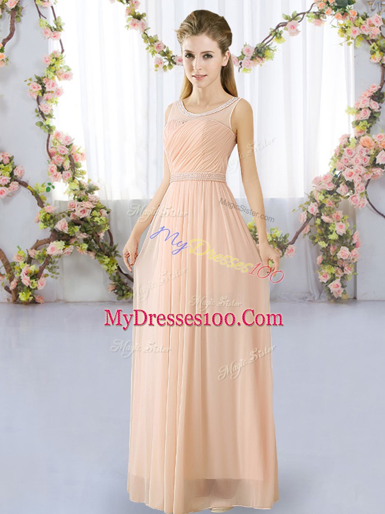 Decent Floor Length Peach Bridesmaid Gown Chiffon Sleeveless Belt