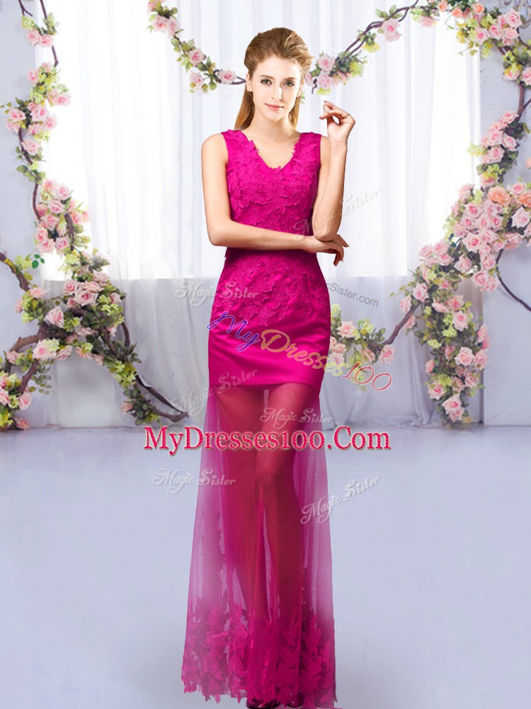 Fuchsia Sleeveless Lace Floor Length Quinceanera Court Dresses